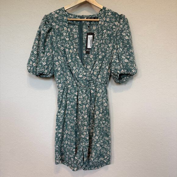Women's Nasty Gal Sage Green Floral Puff Sleeve Romper Size 4 NEW - Picture 9 of 10